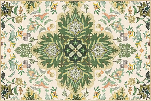 Phantoscope Washable Area Rug 4'x6' Non-Slip, Vintage Boho Rugs for Living Room, Bedroom, Dining Room, Neutral Green Floral Medallion Pattern, Low-Pile Foldable Floor Carpet, Forest Green/Cream