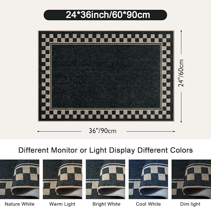 OJIA Easy Jute Kitchen Rug, 2x3 Black Indoor Door Mat Checkered Washable Area Rug Non-Slip Farmhouse Modern Outdoor Doormat Front Door Mat Indoor Entrance Throw Rugs for Entryway Doorway Bathroom