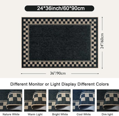 OJIA Easy Jute Kitchen Rug, 2x3 Black Indoor Door Mat Checkered Washable Area Rug Non-Slip Farmhouse Modern Outdoor Doormat Front Door Mat Indoor Entrance Throw Rugs for Entryway Doorway Bathroom