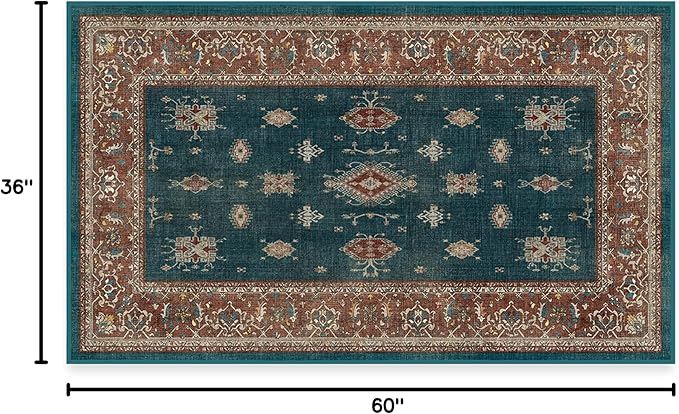 RUGGABLE Washable Vintage Area Rug – Verena Teal Blue 3x5, Stain-Resistant, Non-Slip – Small Machine Washable Rugs for Living Room, Bedroom, Hallway, Entryway & Office–with Standard Pad