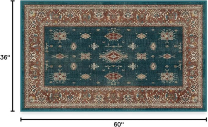 RUGGABLE Washable Vintage Area Rug – Verena Teal Blue 3x5, Stain-Resistant, Non-Slip – Small Machine Washable Rugs for Living Room, Bedroom, Hallway, Entryway & Office–with Standard Pad