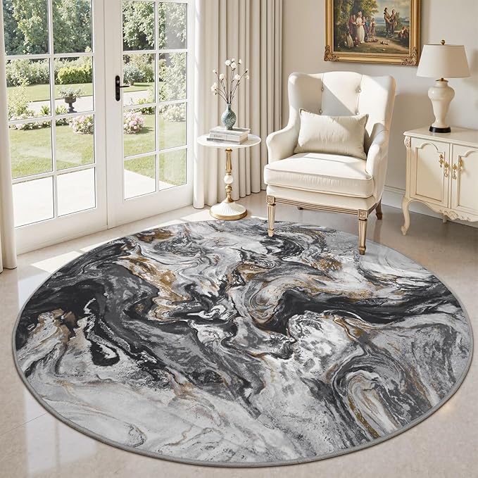 6x6 Round Area Rugs for Living Room, Modern Abstract Rug for Bedroom, Contemporary Machine Washable Rug, Large Stain Resistant Carpet for Dining Room Playroom Home Office, Pet & Kids Friendly