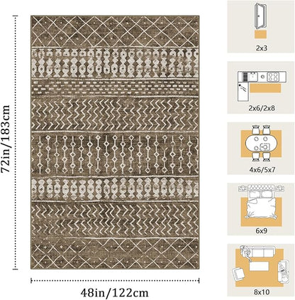 4x6 Machine Washable Area Rug for Living Room, Brown Vintage Moroccan Rug Large Non-Slip Low Pile Soft Faux Wool Carpet, Kids and Pets Friendly for Bedroom Dining Room Farmhouse Home Decor Rug