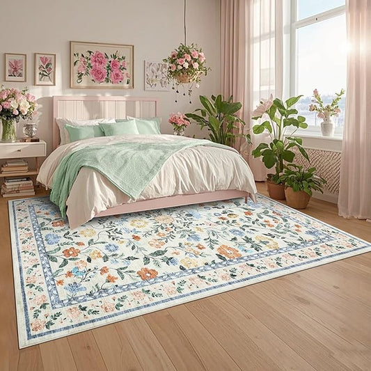 GarveeHome Large Washable Area Rug 10 x 13 for Living Room, Non-Slip Soft Vintage Rug, Low Pile Farmhouse Floral Carpet, Non-Shedding Foldable Printed Rugs for Bedroom, Green