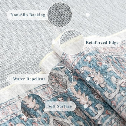 LIVEBOX 8x10 Washable Area Rug - Large Vintage Tribal Living Room Rug Oriental for Bedroom, Non-Slip Retro Medallion Carpet Print Distressed for Dining Room Guest Office