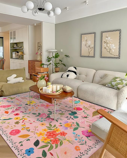 Boho Washable Area Rug 6x9 for Living Room, Bedroom, Office, Playroom, Kitchen or Dining Room, Soft Floral Carpet for Indoor Use, Easy Care Non-Slip Design (Pink)