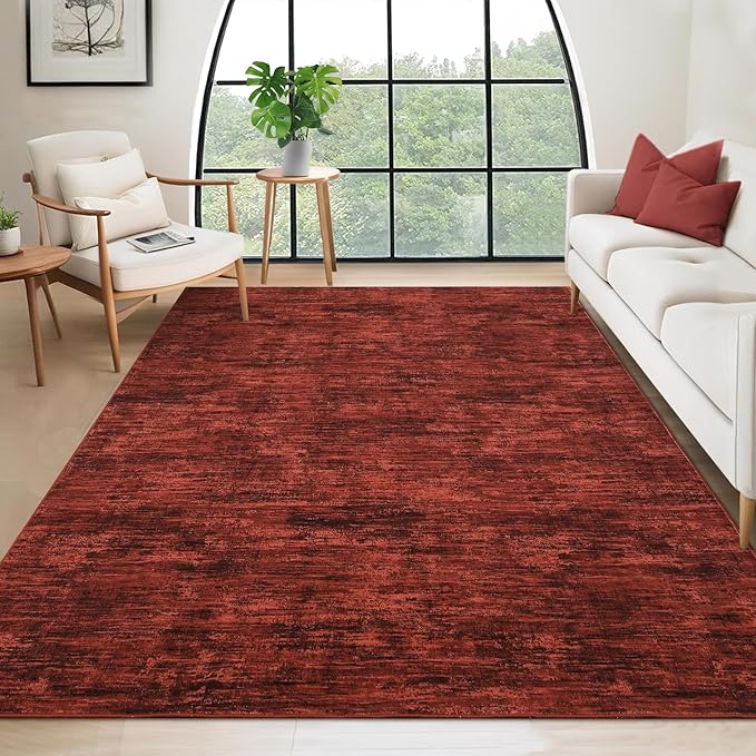 RUGSREAL Washable Rug 10x13 for Living Room Modern Abstract Area Rug Non-Slip Large Contemporary Bedroom Rug Stain Resistant Aesthetic Accent Floor Carpet Foldable Solid Rug for Home Office, Red