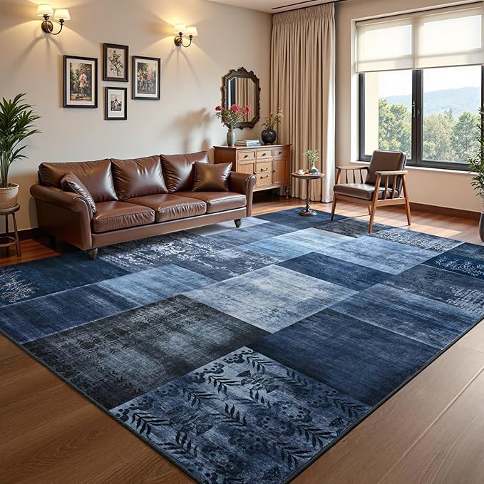 DweIke Washable Area Rugs for Living Room, 6x9 Large Bedroom Rugs, Geometric Print Non Slip Low Pile Indoor Throw Carpets for Bedroom Apartment Dining Room Home Office Hardwood Floor, Navy Blue