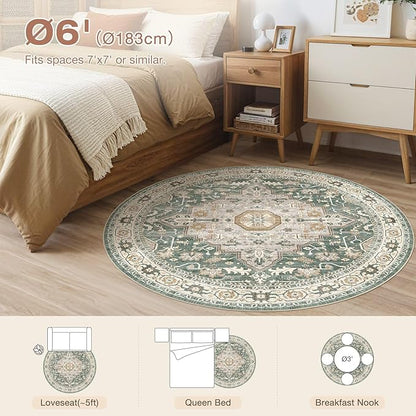 Round Rug Living Room Rugs: 6x6 Washable Boho Neutral Large Circle Soft Indoor Distressed Stain Resistant Floor Farmhouse Carpet for Bedroom Nursery Kids Playroom Office Dining Room Dorm- Green