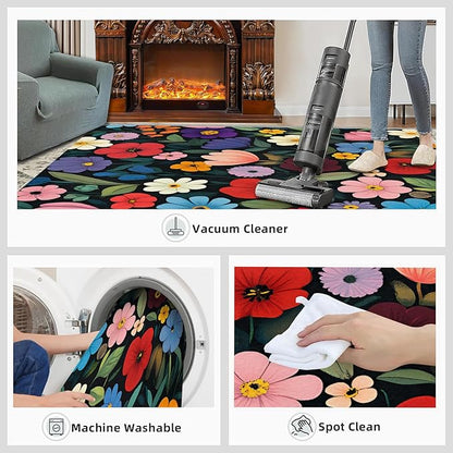 Boho Flowers Rugs for Bedroom - 5x6 Area Rug - Cartoon Flowers Rugs for Living Room, Abstract 3D Floral Rug, Non-Slip Washable Home Decor Carpet