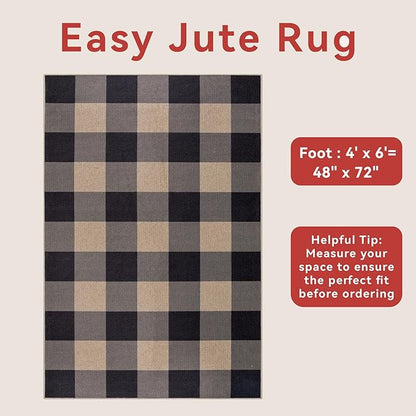 Tangsoo Checkered 4x6 Washable Easy Jute Area Rug for Patio,Non-Slip Black Grey Indoor Outdoor Rug,Modern Throw Mat Ultra Thin Carpet for Front Porch Kitchen Bedroom Foyer