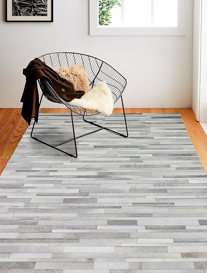 Cowhide Leather Rug for Living Room 5x8 Natural Leather Silver Rug Modern Stripes Style Floor Carpet for Home Decor | Superior Indoor Area Rug
