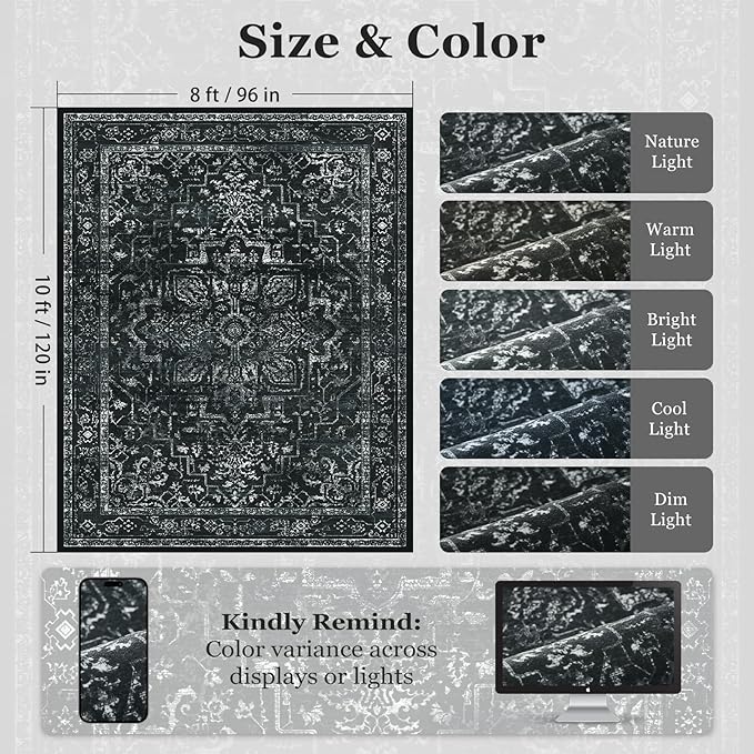 Black Vintage Distressed 8x10 Area Rugs for Living Room, Washable Non Slip Bedroom Rugs Under Bed Faux Wool Soft, Dark Medallion Pinted Thin Carpet for Dining Room Home Office