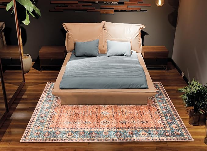 Bloom Rugs Washable Non-Slip 10x14 Rug - Orange/Teal Blue Traditional Bordered Area Rug for Living Room, Bedroom, Dining Room, and Kitchen - Exact Size: 10' x 14'