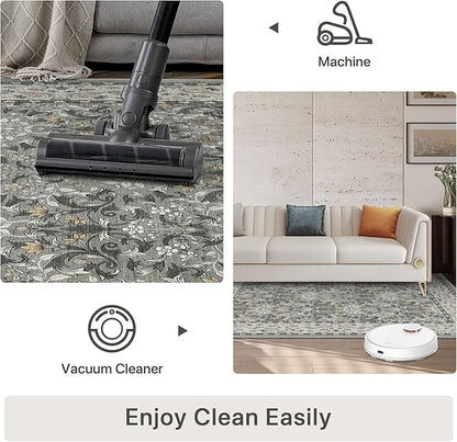 Bavni 5x7 Area Rugs for Living Room, Floral Rug Machine Washable Non Slip, Vintage Boho Forest Carpet, Soft Low Pile Thin Lightweight Rugs for Bedroom, Farmhouse, Dining Room Office, Mist Grey/Ivory