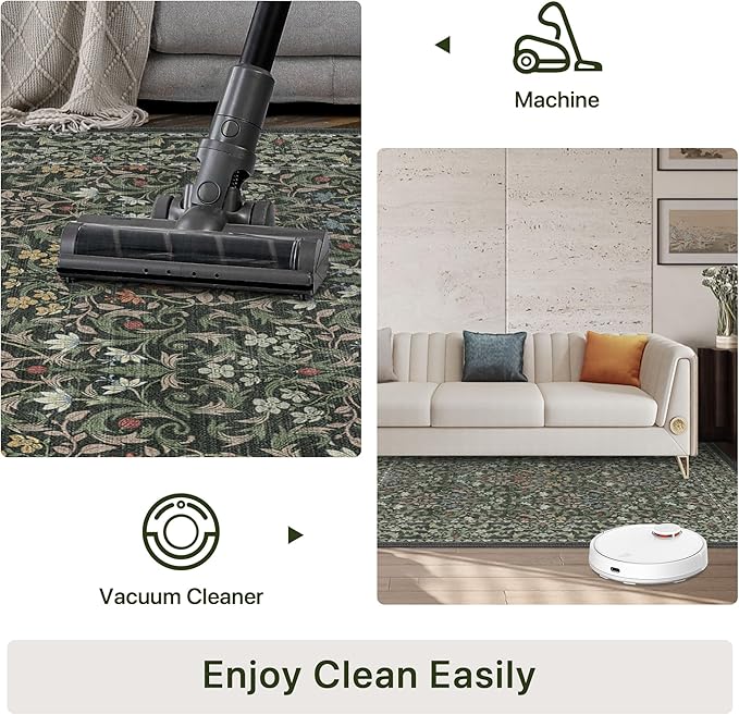 Bavni 5x7 Area Rugs for Living Room, Floral Rug Machine Washable Non Slip, Vintage Boho Forest Carpet, Soft Low Pile Thin Lightweight Rugs for Bedroom, Farmhouse, Dining Room Office, Emerald Green
