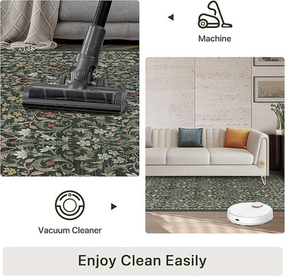Bavni 5x7 Area Rugs for Living Room, Floral Rug Machine Washable Non Slip, Vintage Boho Forest Carpet, Soft Low Pile Thin Lightweight Rugs for Bedroom, Farmhouse, Dining Room Office, Emerald Green