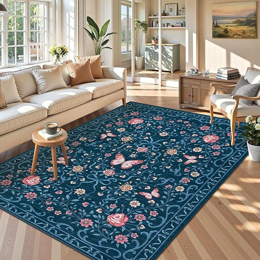 GarveeHome Floral Area Rug 4x6 Entryway Rug Low Pile Bedroom Blue Bow Rugs Non Slip Stain Resistant Dining Room Throw Carpet Small Living Room Butterfly Rugs Soft Boho Mats for Kitchen Nursery, 4x6