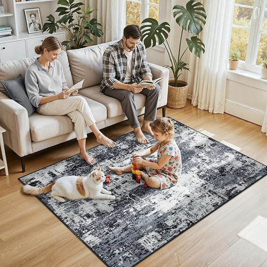 Washable Area Rugs 4'x6' Non-Slip Modern Abstract Soft for Living Room Entryway Bedroom Nursery, Print Pattern, Black Gray