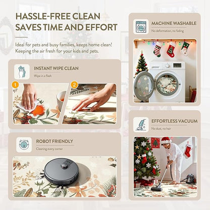Lahome Floral Christmas Rugs for Living Room, 5x7 Christmas Area Rug for Bedroom Large Washable Carpet, Soft Stain Resistance Xmas Tree Carpets for Under Table Dining Room, Beige/Multi