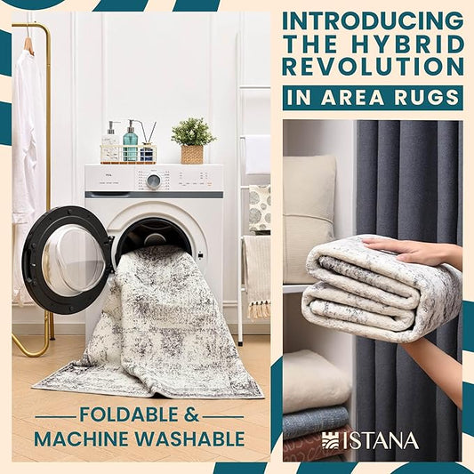 Istana Rugs 3x5 - White Cream/Grey Area Rugs - Kid & Pet Friendly Washable Rugs 3x5-3x5 Area Rugs - Foldable 3 x 5 Area Rug Washable Non Slip - Eco-Friendly Rug with Rubber Backing
