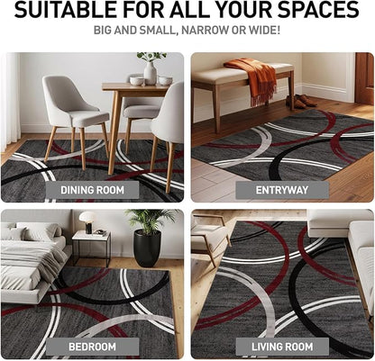 Rugshop Modern Wavy Circles Design Non-Shedding Area Rug, Carpet for Living Room or Dining Room, Red, 6'6" x 9'
