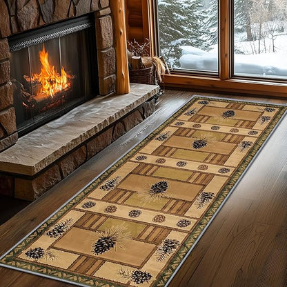 Pinecone Runner Rug, 2.6x7ft Rustic Country Style Hallway Runner Rug - Corridor & Foyer Area Rugs, Washable Non-Slip Mat, Country Home Decor Carpet for Indoor Living Room Hallway Spaces