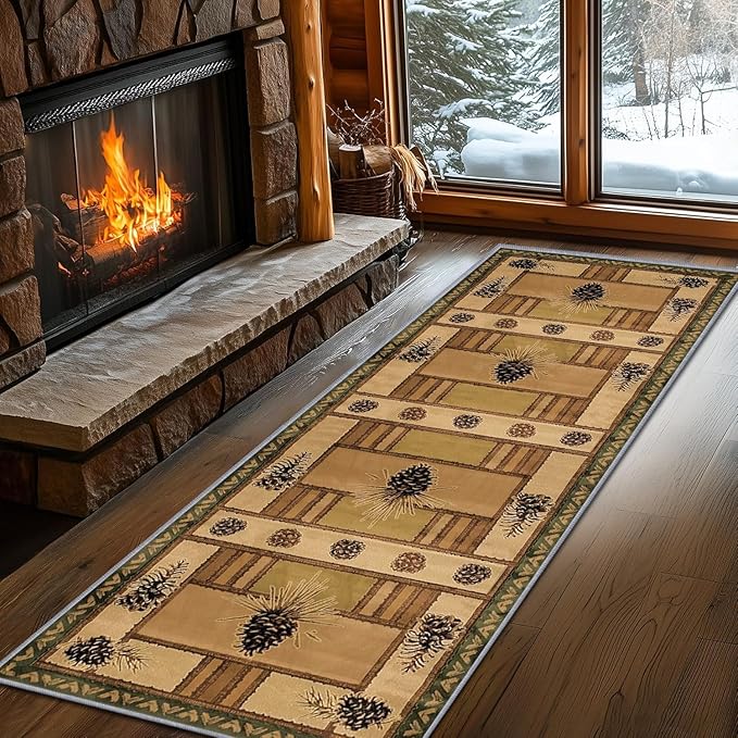 Pinecone Runner Rug, 4x10ft Rustic Country Style Hallway Runner Rug - Corridor & Foyer Area Rugs, Washable Non-Slip Mat, Country Home Decor Carpet for Indoor Living Room Hallway Spaces