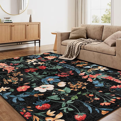 Black Area Rug 5x7 Floral Washable Living Room Kitchen Boho Carpet Non Slip Low Pile Indoor Accent Lightweight Soft Throw Rug for Bedroom Office Dining Room Nursery Farmhouse