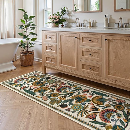 Washable Kitchen Runner Rug, Floral 2x6 Rug Runners for Hallways, Washbale Non Slip Beige Rugs, Soft Low Pile Carpet for Bedroom Entryway Laundry Room
