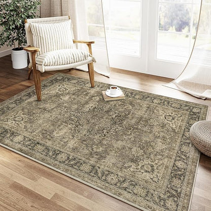 4x5 Washable Brown Area Rug Vintage Entryway Office Carpet Non-Slip Soft Low Pile Distressed Indoor Throw Rug for Living Room Bathroom Dining Room