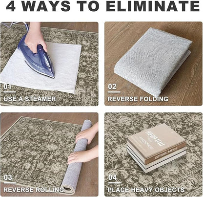 KILOCOCO Area Rug 3x5 Entryway Rug Washable Printed Vintage Floral Rubber Backed Non Slip Indoor Kitchen Rugs for Living Room Laundry Room Playroom Mudroom Moroccan Area Rugs, Taupe/Green