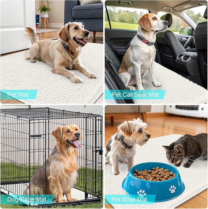 OLANLY Dog Door Mat for Muddy Paws 30x20, Absorbs Moisture and Dirt, Absorbent Non-Slip Washable Doormat, Quick Dry Chenille Mud Mat for Dogs, Entry Indoor Entryway Carpet for Inside Floor, Ivory