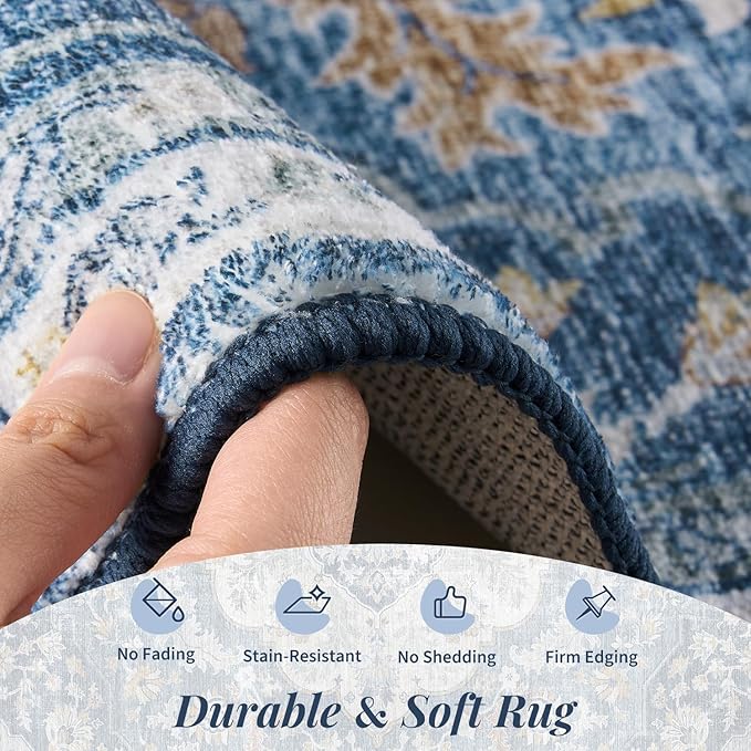 tchdio 5x7 Area Rugs for Living Room, Vintage Non Slip Washable Rug, Soft Low Pile Area Rug Large Floor Indoor Carpet for Bedroom, Dining Room, Office (Blue, 5'x7')