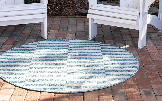 Unique Loom Outdoor Striped Collection Area Rug - Striped (4' 1" Round, Light Aqua/Ivory)