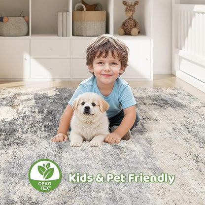 7x9 Area Rugs Living Room: Washable Large Abstract Modern Soft Rug Stain Resistant Indoor Floor Non Slip Accent Carpet for Bedroom Nursery Playroom Dining Room Office Dorm Home House- Grey Brown