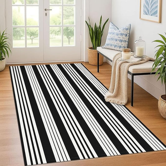 KOZYFLY Black and White Striped Outdoor Rug 4x6 Ft Area Rug Washable Indoor Outdoor Rug Hand Woven Cotton Door Mat Outdoor Carpet for Front Door Entryway Patio Porch Living Room