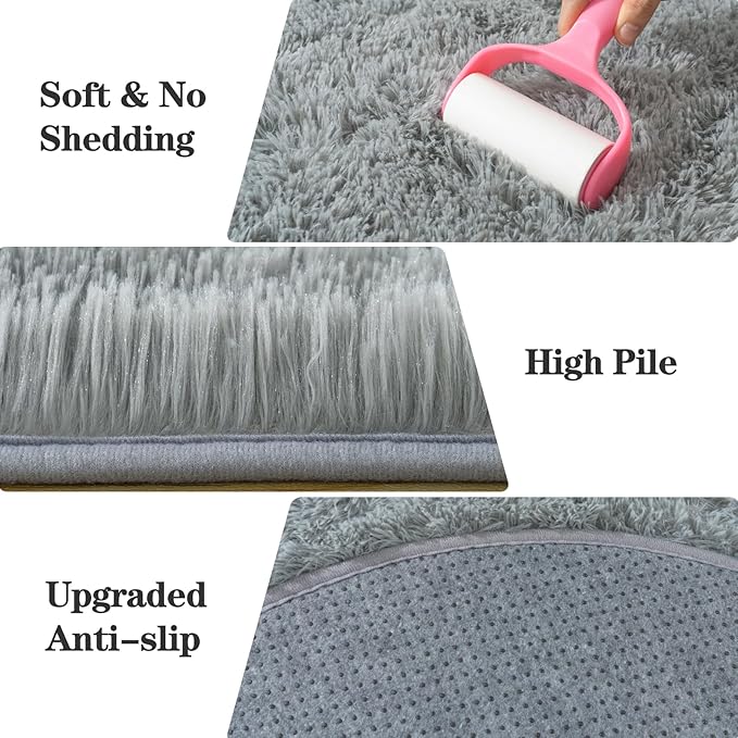 Soft Fluffy Area Rug for Bedroom, Fuzzy Shaggy Oval Throw Rugs for Bedside, Non-Slip Cozy Plush Shag Carpet for Kids Room Nursery Dorm Living Room, Grey, 2.6 x 5.3 Feet, 2 Packs