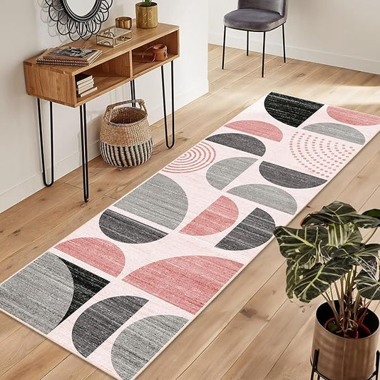 MUJOO Pink Runner Rug Washable,Boho 2x6 Area Rugs for Hallways Kitchen Bathroom Bedroom Entryway,Non Slip Carpet Long Mat Indoor,Soft Modern Abstract Pink and Grey