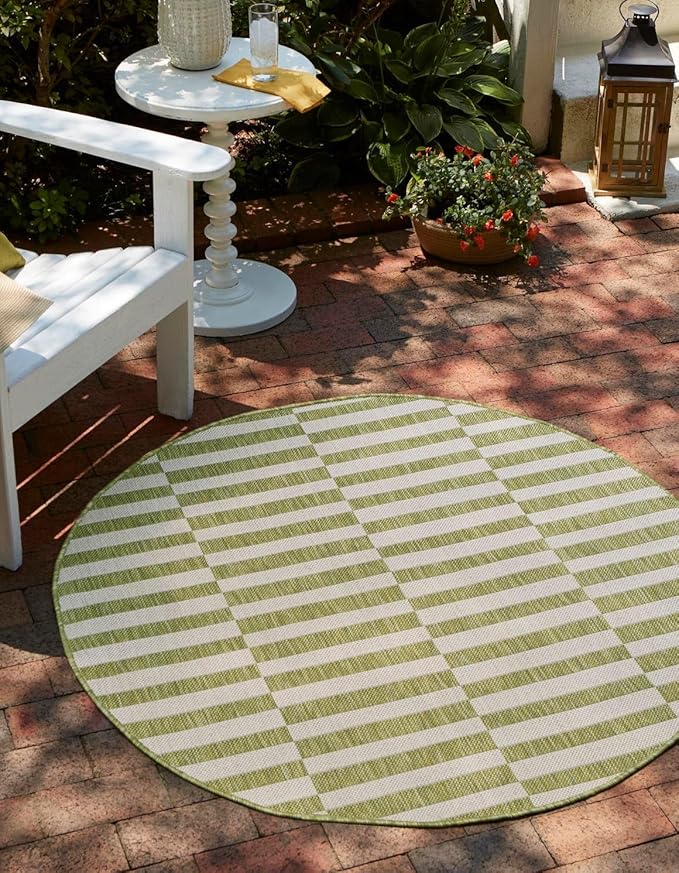 Unique Loom Outdoor Striped Collection Area Rug - Striped (12' Round Green/Ivory)