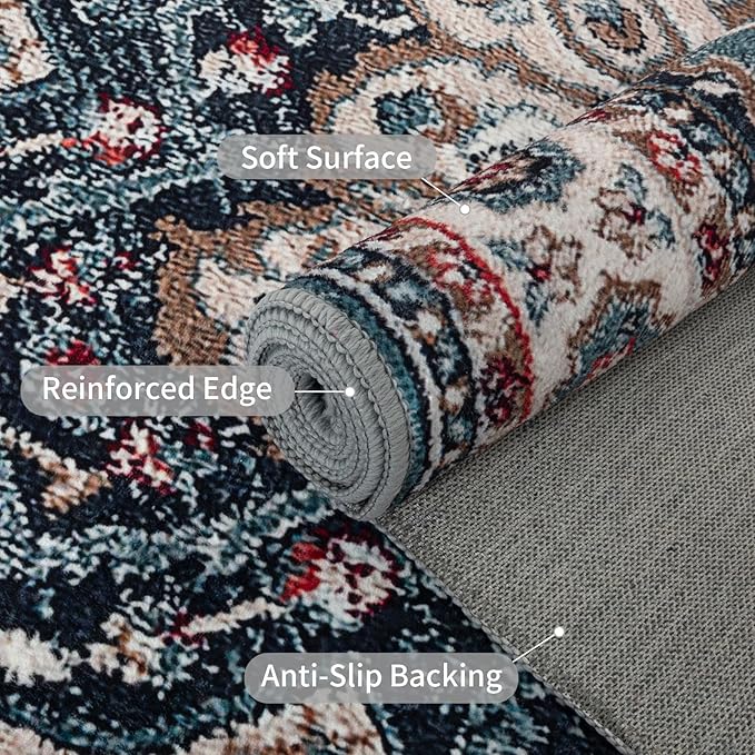 Easy-Going Area Rug 5x7 Medallion Distressed Washable Rugs for Living Room Non-Slip Bedroom Rug Low Pile Lightweight Vintage Retro Throw Rug for Dining Room Kitchen Home Office Carpet, Teal Brick