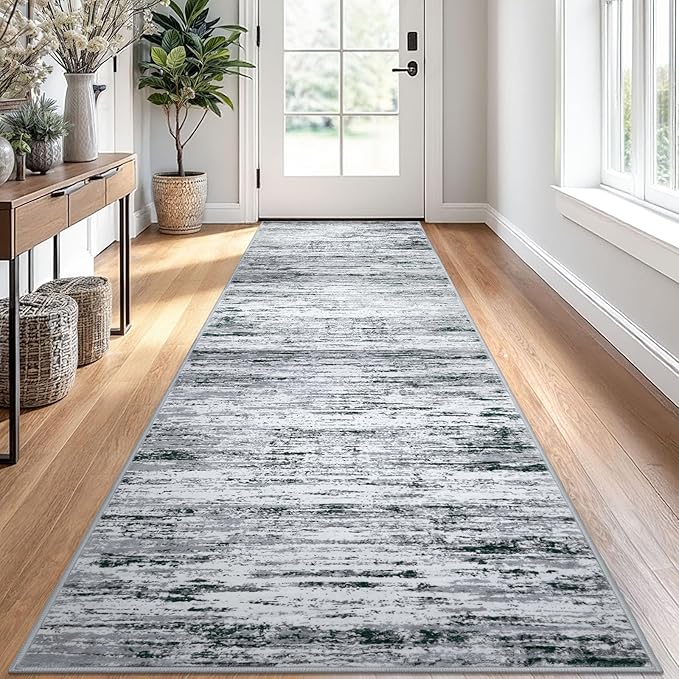 Modern Abstract Runner Rug 2.6x10, Black Grey White Washable Long Kitchen Runner Non-Slip Soft Hallway Rug Runner Thin Print Faux Wool Carpet for Entryway Bedroom Laundry Room Indoor Home Decor