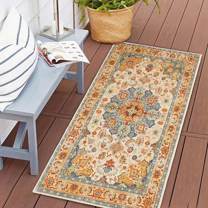 COMSLE Boho Distressed Area Rug 2' x 4', Machine Washable Faux Wool Non-Slip Small Rug for Entryway, Bedroom, Kitchen - Indoor Floor Carpet