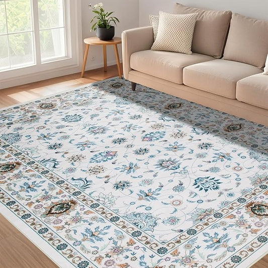WILLSUN Washable Area Rugs, 6x9 Non-Slip Boho Large Area Rugs for Living Room, Bedroom, Machine Washable Vintage Rug, Indoor Floral Print Carpet for Home Decor, Kid & Pet Friendly Mat