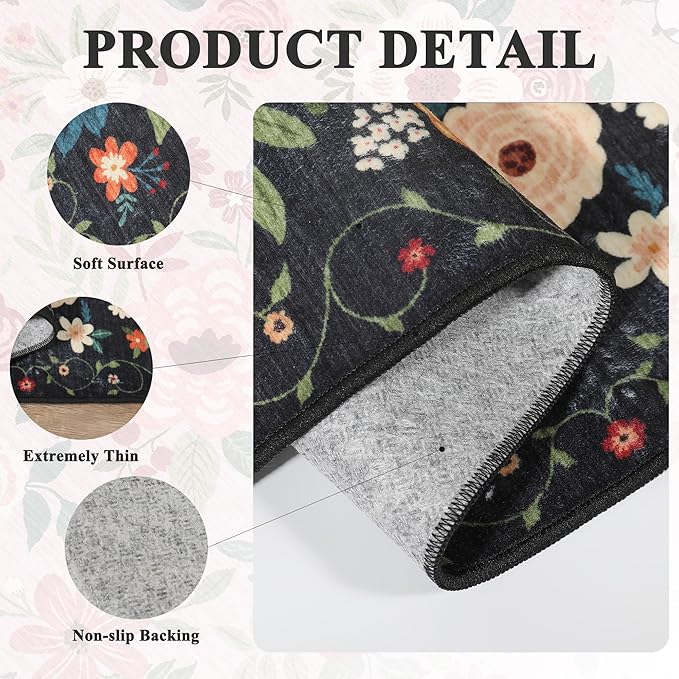 DUKINO Runner Rug, 2x7 Boho Kitchen Rug for Hallways with Low Pile Design, Washable Non Slip Backing Soft Floral Runner for Kitchen, Hallway, Entryway, Bedroom, Laundry, Black