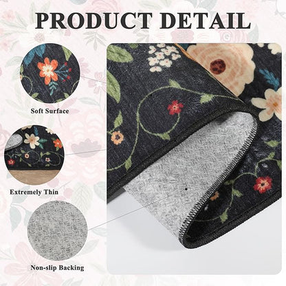 DUKINO 3x5 Area Rug, Floral Rugs for Living Room, Lightweight Non Slip Washable Rug, Indoor Low Pile & Non-Shedding Boho Design Rugs for Bedroom, Living Room, Dining Room, Black