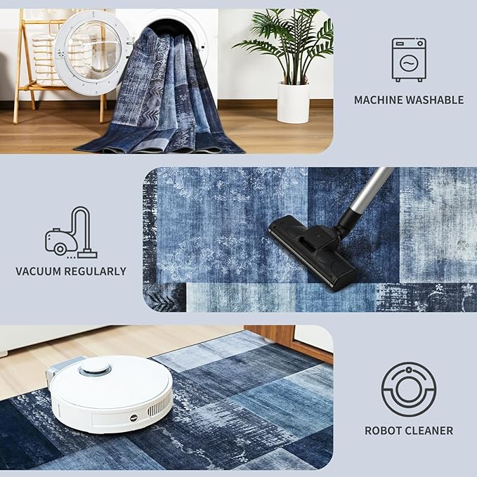 DweIke Large Modern Washable Area Rugs 8x10, Living Room Rug Non-Slip and Non-Shedding Large Rugs for Bedroom, Low Pile Indoor Rubber Backed Carpets for Dining Office Home Decor, Navy Blue