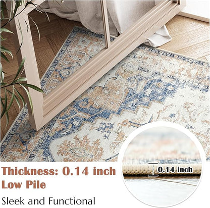 jinchan Kelda Runner Rug 2x10 Hallway Rug Washable Runner Vintage Mat Retro Print Lightweight Non-Slip Floor Cover Distressed Thin Carpet for Entryway Bathroom Bedroom Laundry Room Stairway Orange