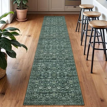 Runner Rug 2x10, Dark Green Washable Long Hallway Rug Runner Non-Slip Soft Kitchen Runner Thin Printed Faux Wool Super Soft Carpet for Entryway Bedroom Laundry Room Indoor