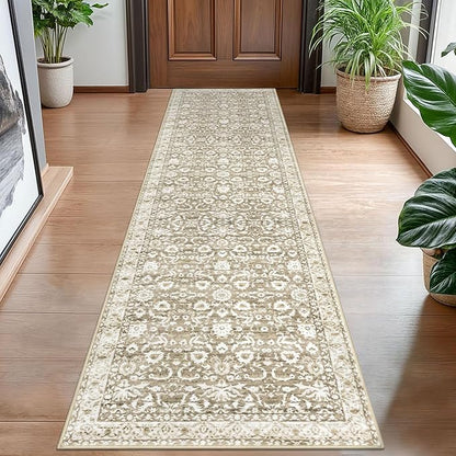 Hallway Runner Rug, Beige Tan White Washable Runner Rug 2x8 Vintage Floral Neutral Kitchen Rug Runner Non Slip Thin Printed Faux Wool Super Soft Carpet for Entryway Bedroom Laundry Room Indoor